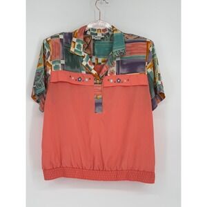 Vintage Jordana Petites Sz 10-12 Abstract Geometric Coral Short Sleeve Blouse